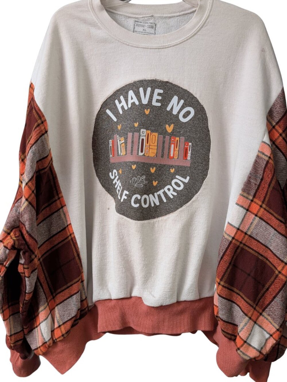 Upcycled Book Lover Sweatshirt XL Oversized Flannel Sleeve “No Shelf Control”